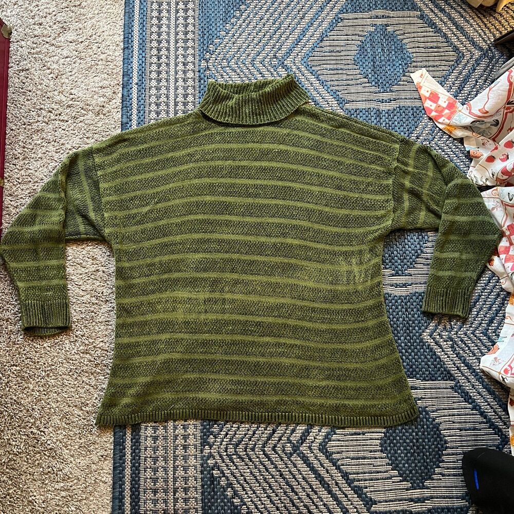 Vintage Chenille Lucia Burns 2X olive moss green striped turtleneck lagenlook